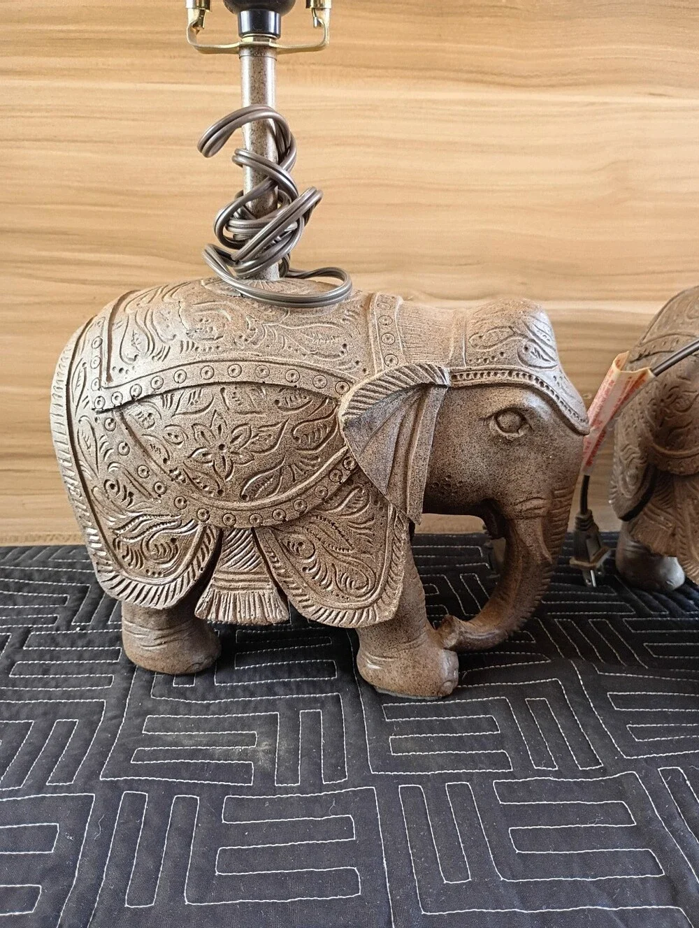 Hand-Carved Brown Elephant Table Lamps - Decorative Pair